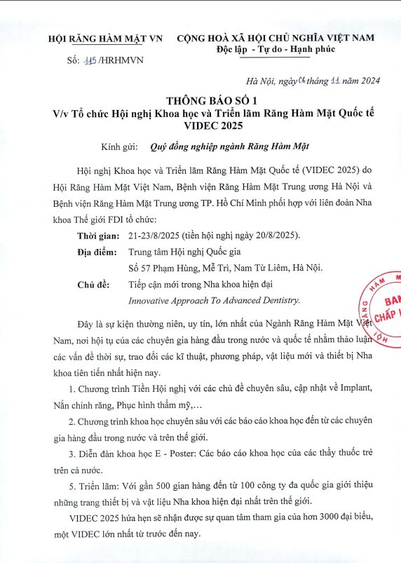 TỔ CHỨC HỘI NGHỊ KHOA HỌC VÀ TRIỂN LÃM RĂNG HÀM MẶT QUỐC TẾ VIDEC 2025